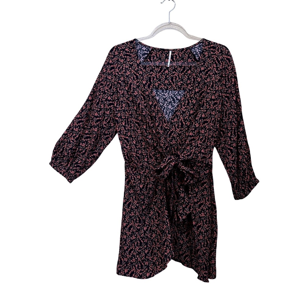 Free People Small Ditsy Floral Mini Dress Tie Front 3/4 Sleeve Navy Pink French